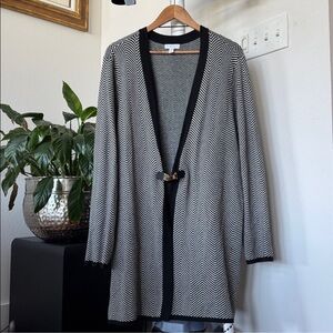 Charter Club Plus Black White Long Sweater Cardigan Sz 3X Gold Buckle Duster
